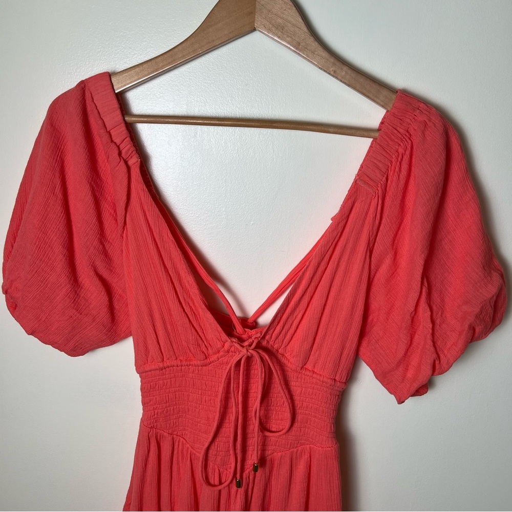 Free People Perfect Day V Neck Smocked Mini Dress Balloon Sleeve XS Watermelon - Picture 2 of 11